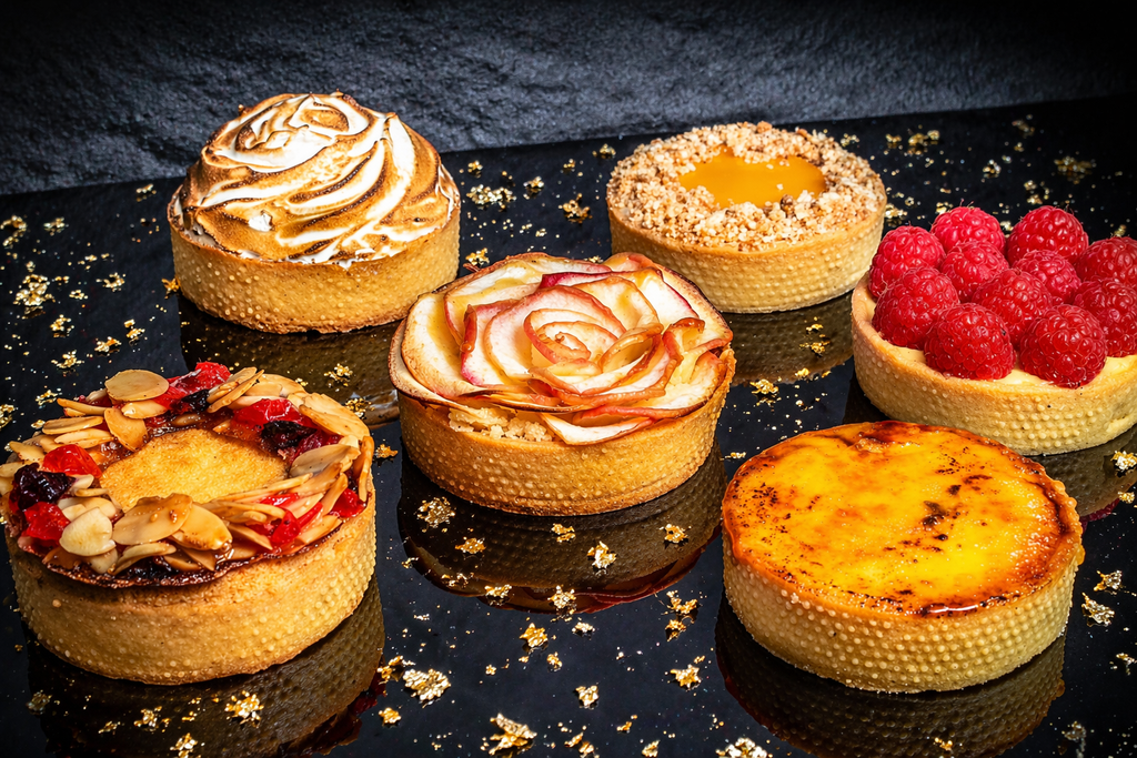 Assorted tarts with decorative elements on a dark surface
