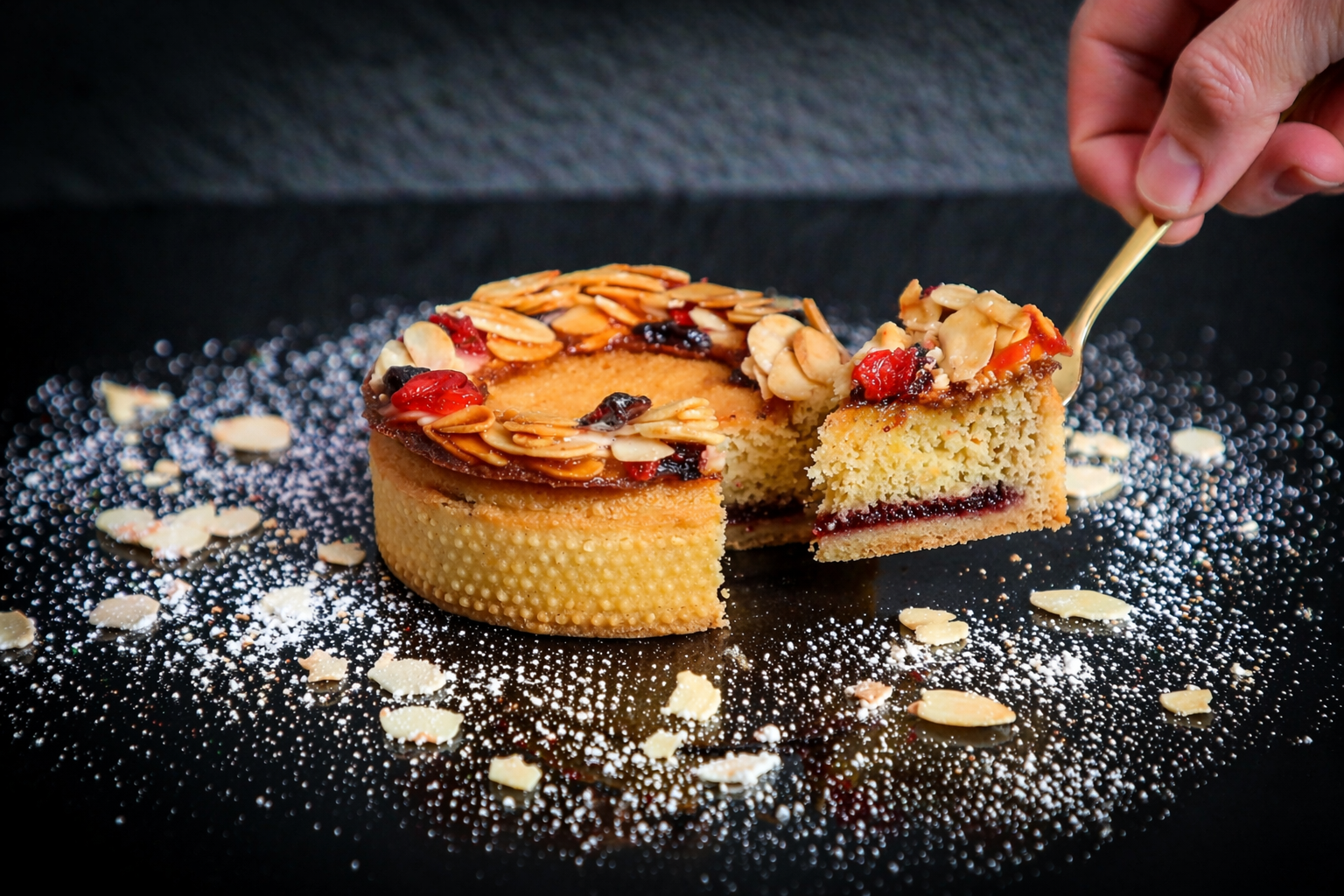 Dessert with a slice being taken out, sprinkled with powdered sugar on a dark surface