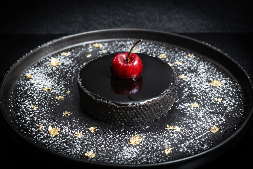 Black chocolate tart with a cherry on top on a dark plate with star-shaped decorations.