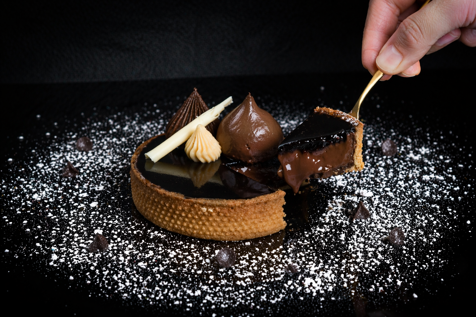 Chocolate dessert with a hand using a spoon to serve it on a dark background