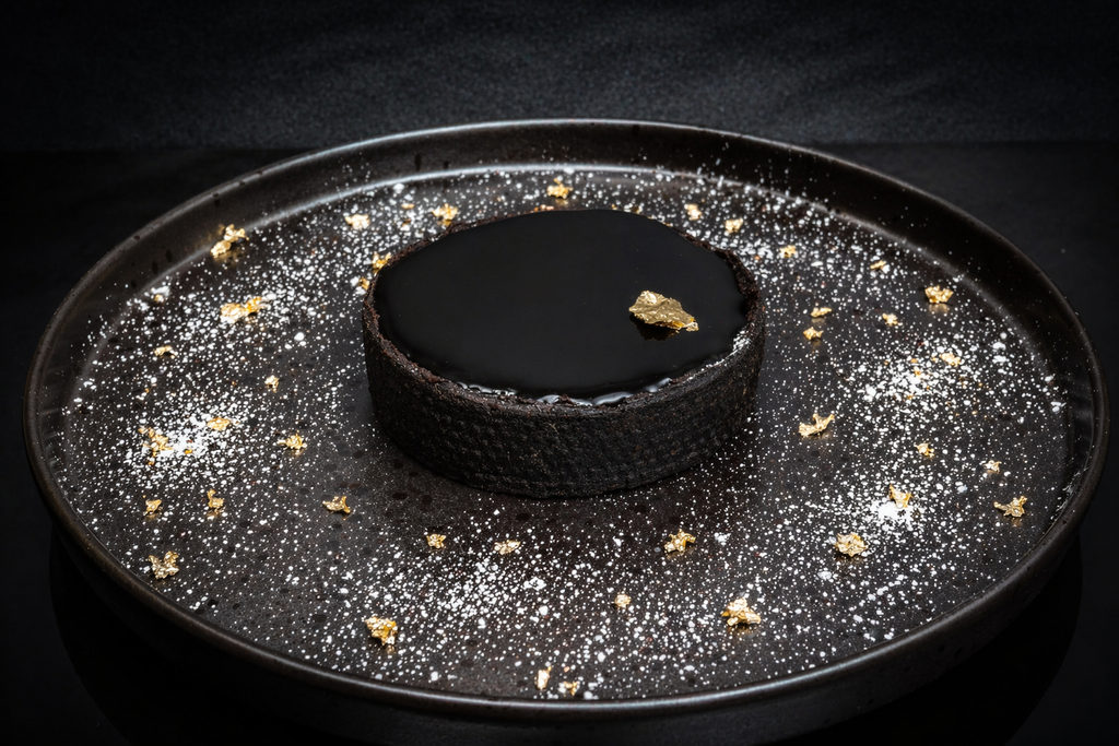 Black dessert on a black plate with gold flakes on a dark background